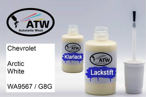 Chevrolet, Arctic White, WA9567 / G8G: 20ml Lackstift + 20ml Klarlack - Set, von ATW Autoteile West.